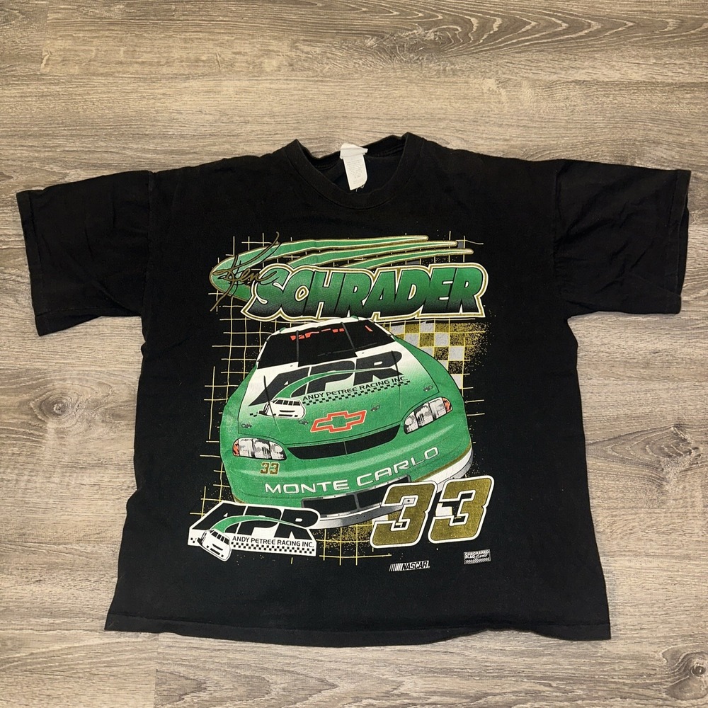 Vintage Nascar Shirt Men L Black Green Tee Ken Schrader USA Single Stitch 90s